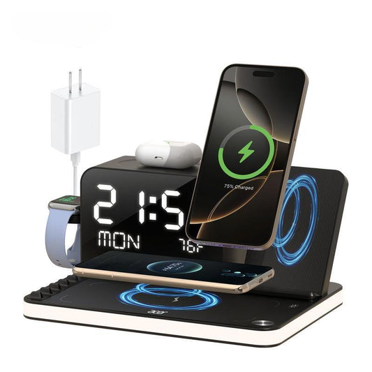 7 in 1 Wireless Charging Station, MagSafe Dual Phone Charger with Night Light ,Bluetooth Timesync for iPhone 16 15 14 13 12 11 Series & AirPods & iWatch & Android Phone, Black USB Electronic Smartphone Cellphone Wireless Clock Charger Dealsforyoudays